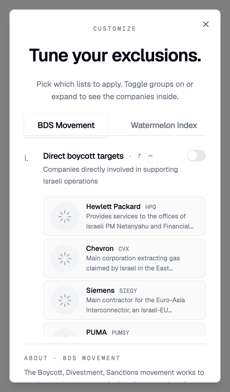 The Tune your exclusions dialog on the BDS Movement tab with one group expanded