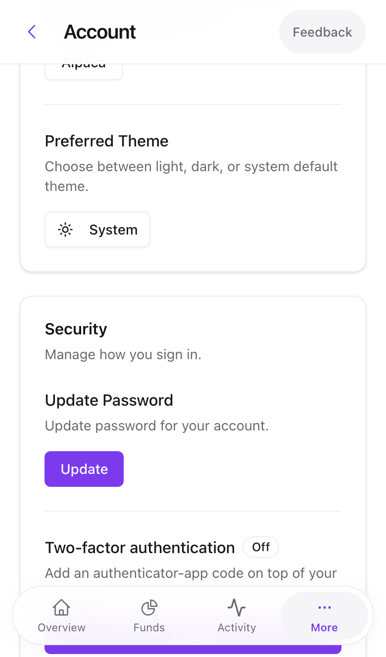 The Security section with two-factor authentication off