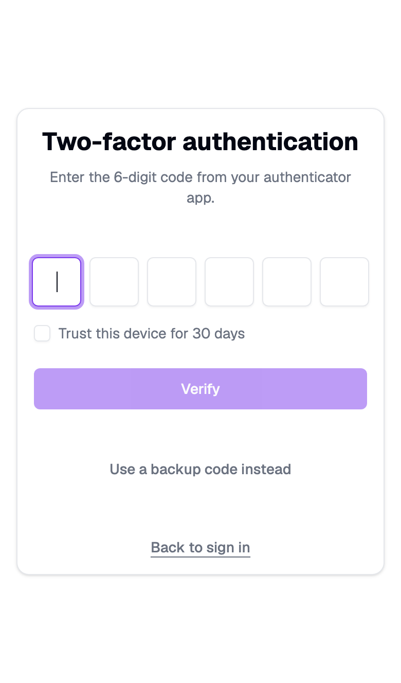 The two-factor sign-in screen with the trust device checkbox