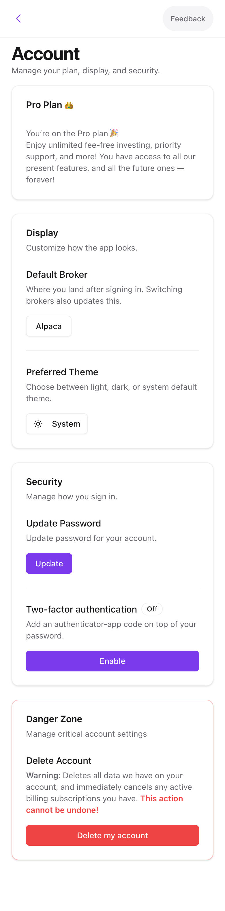 The Pro Plan card with the Manage button