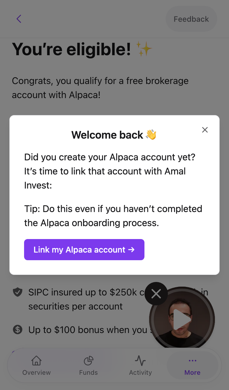 The Welcome back modal with Link my Alpaca account