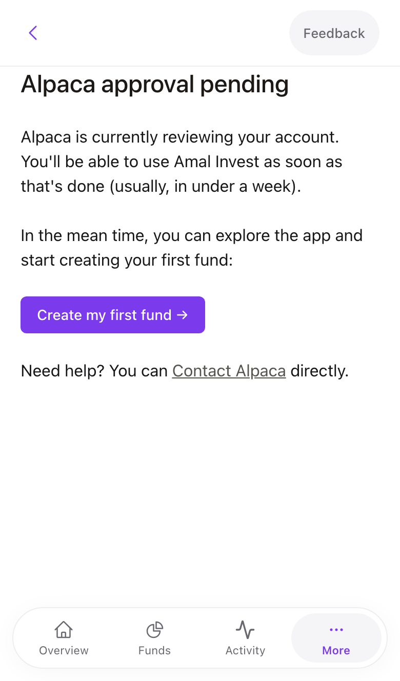The Alpaca approval pending screen