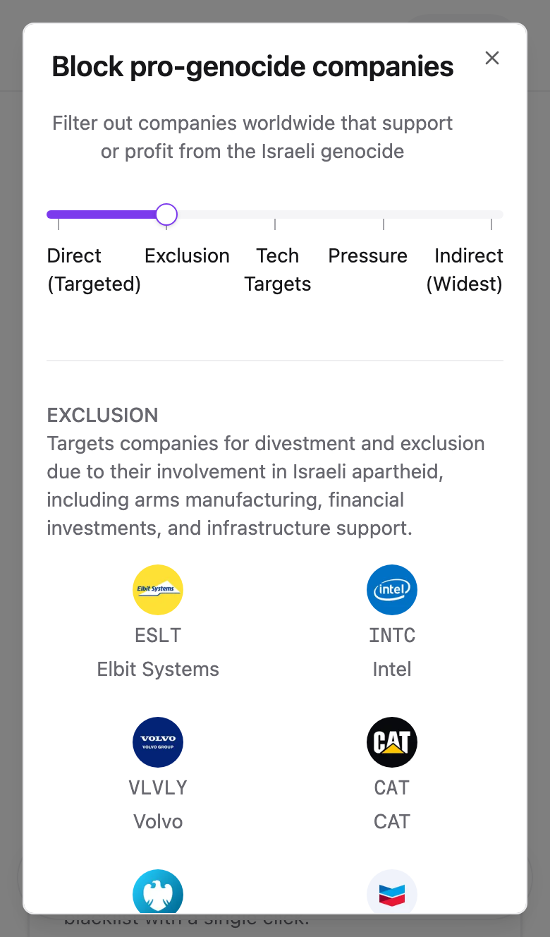 The Block pro-genocide companies dialog with the slider