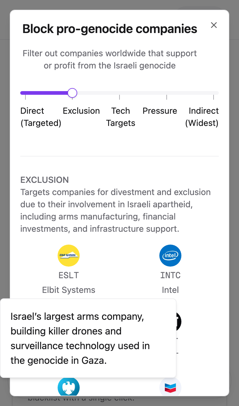 A company logo with its reason popover
