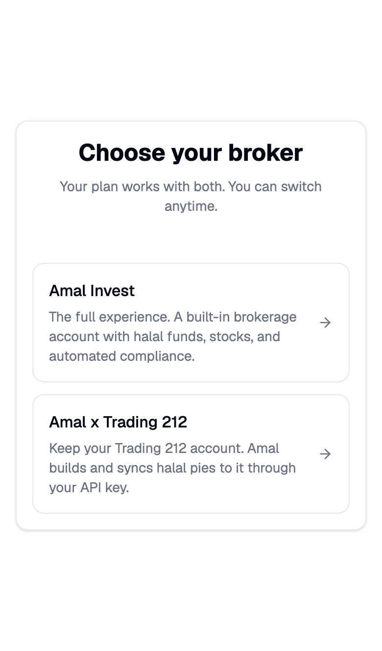 The Choose your broker screen with Amal Invest and Amal x Trading 212 rows