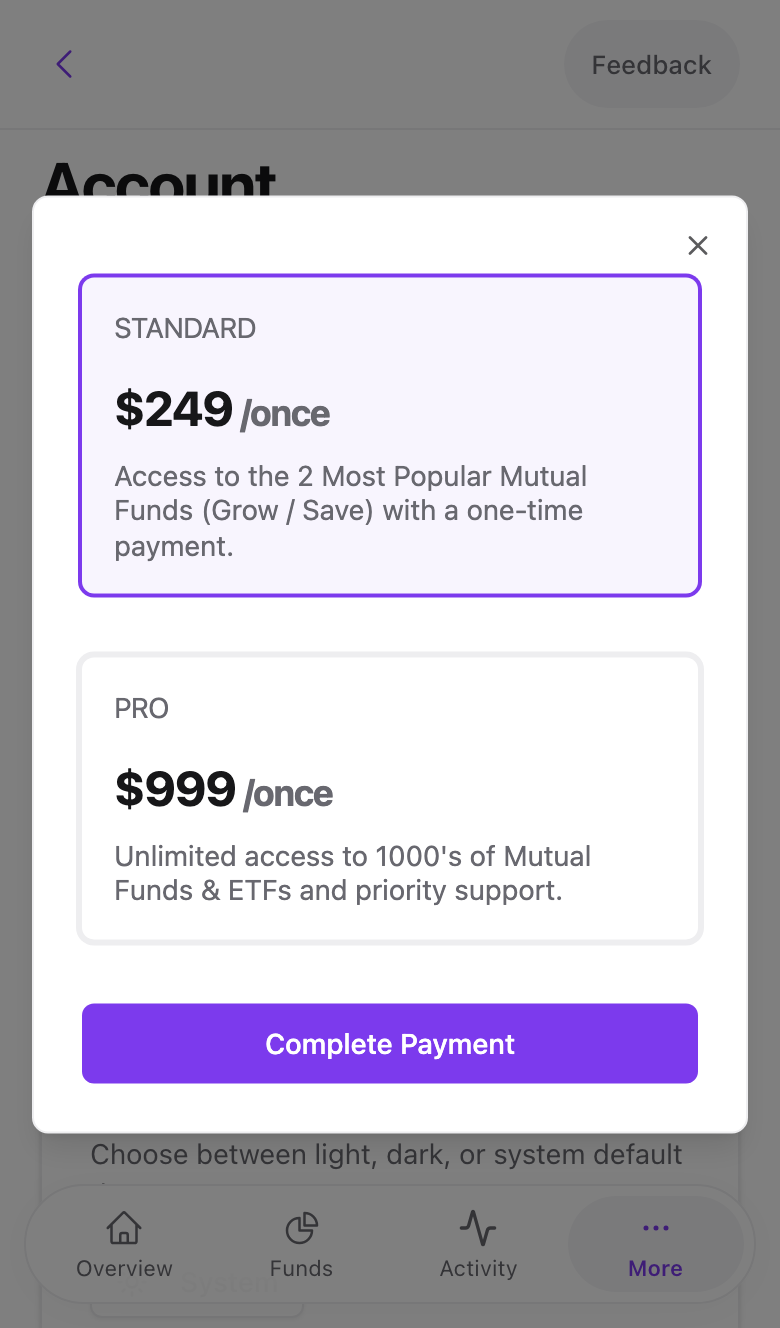The plan chooser with Standard and Pro cards