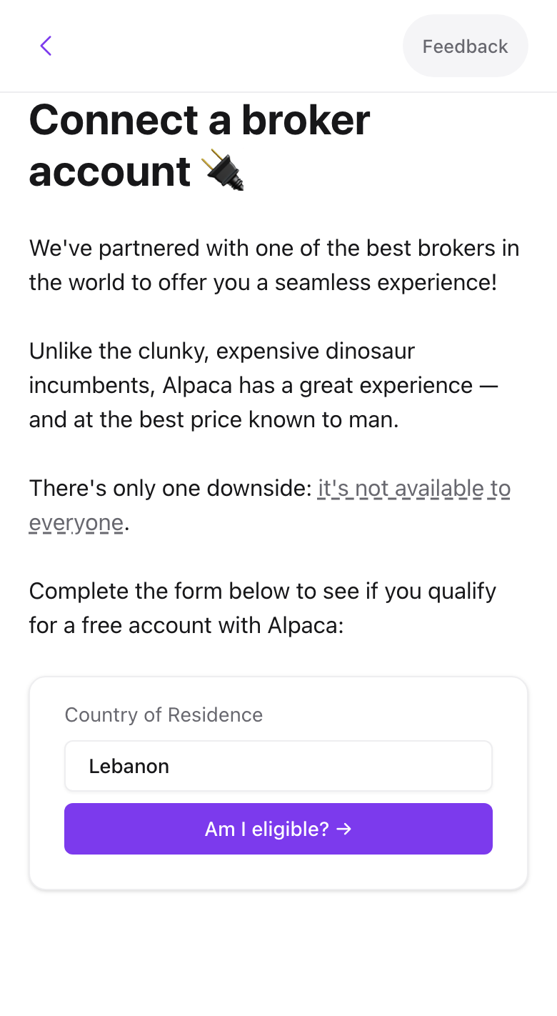 The Connect a broker account screen with the country picker and Am I eligible button
