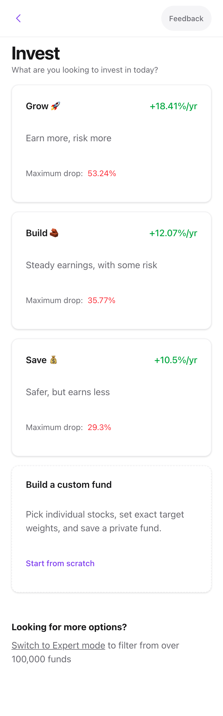 The Invest screen in Basic mode with plan cards and the Build a custom fund card