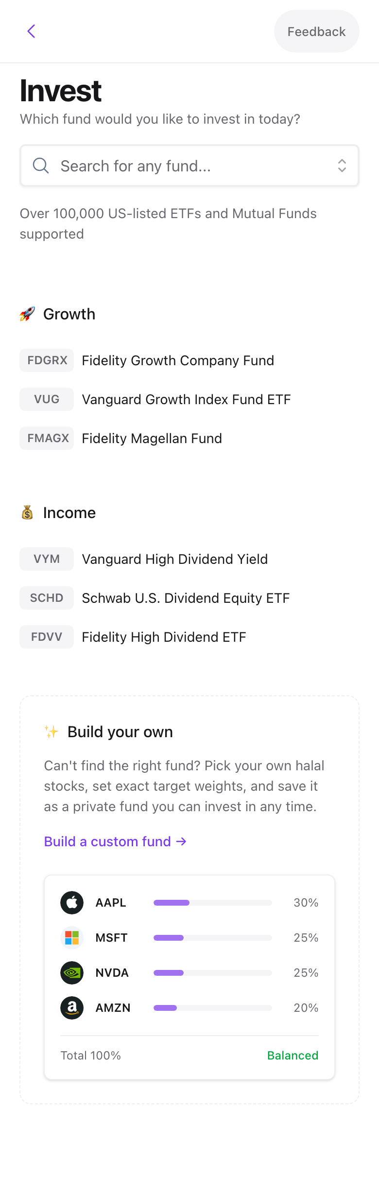 The Invest screen in Expert mode with the search box and shortlists