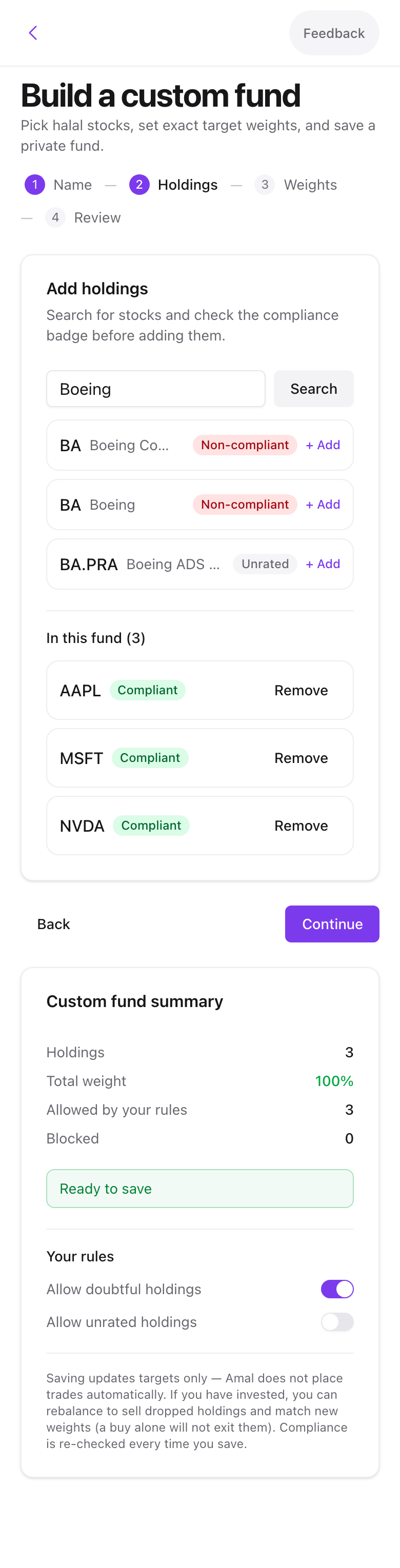 The Holdings step with the asset search and compliance badges