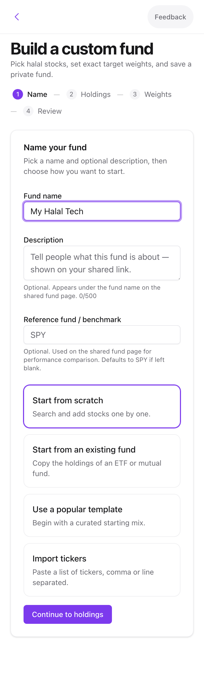 The Name step with the four starting options