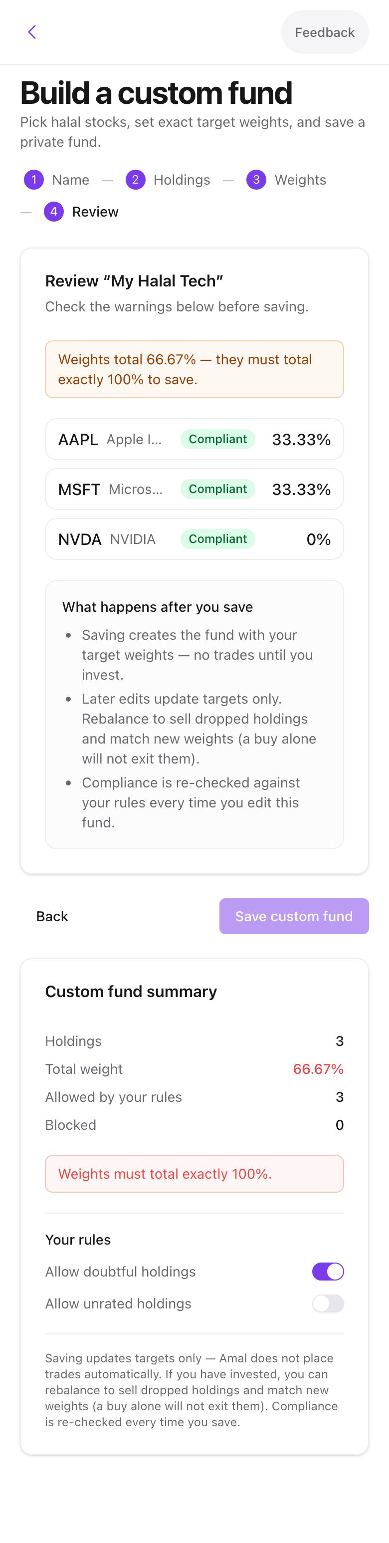 The Review step with warnings and the Save button