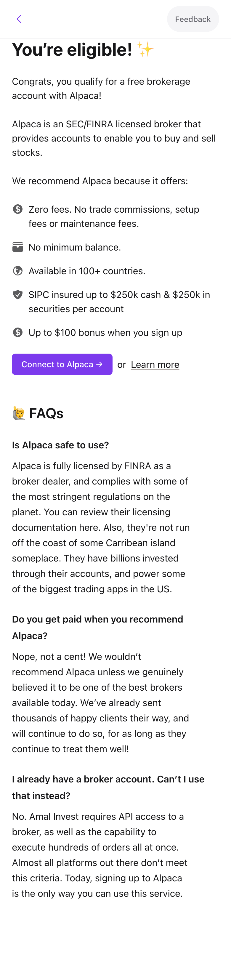The You're eligible screen with the Connect to Alpaca button
