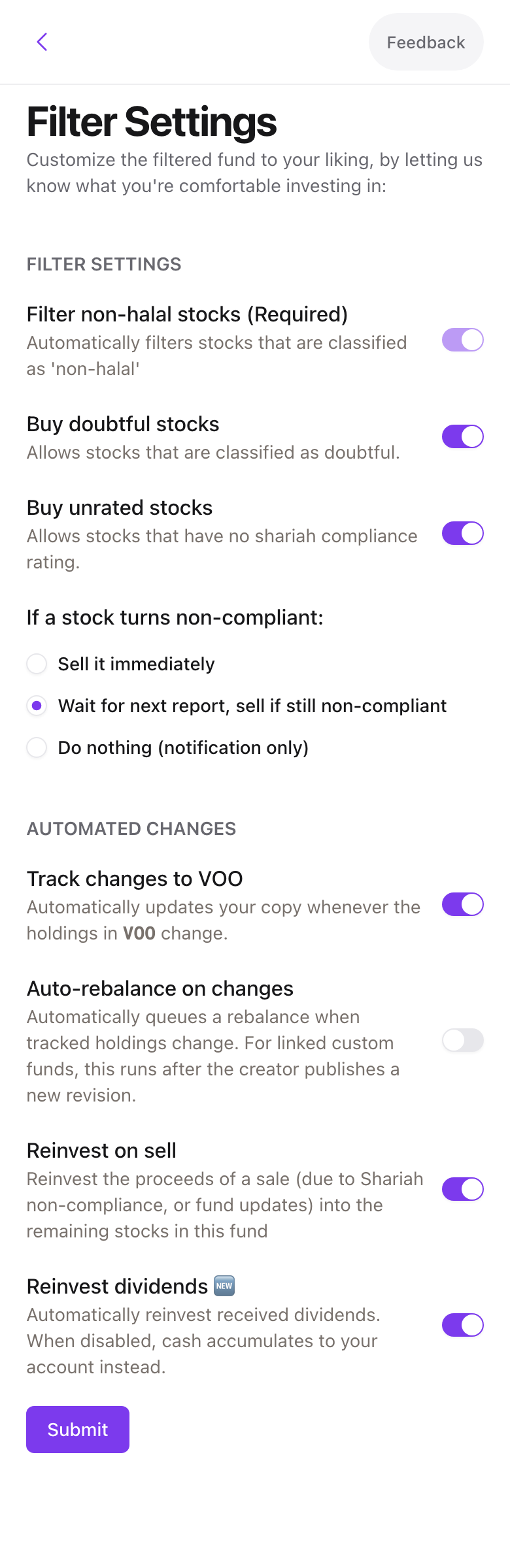 The Filter Settings form with the If a stock turns non-compliant radio
