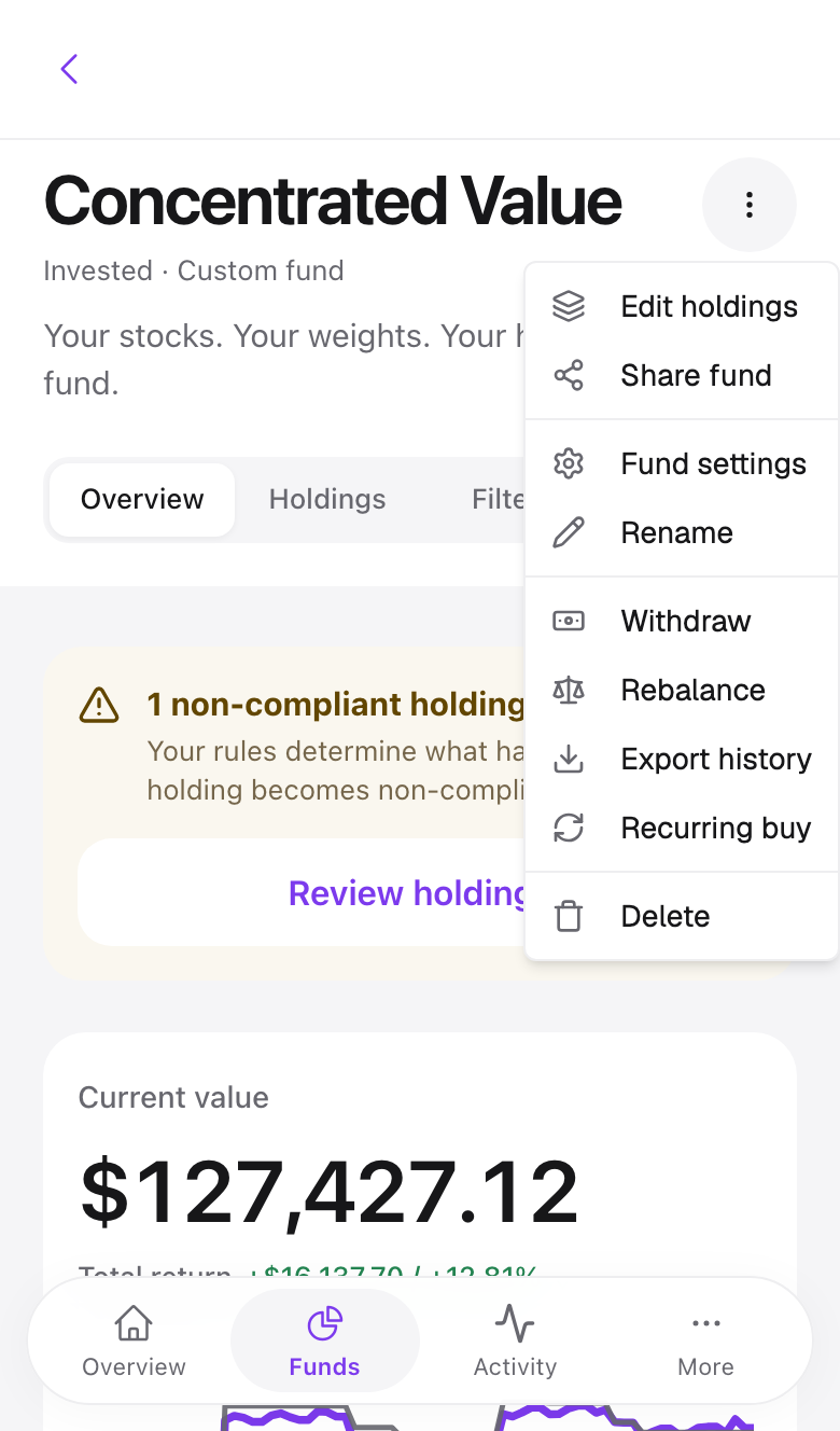 The fund action menu open