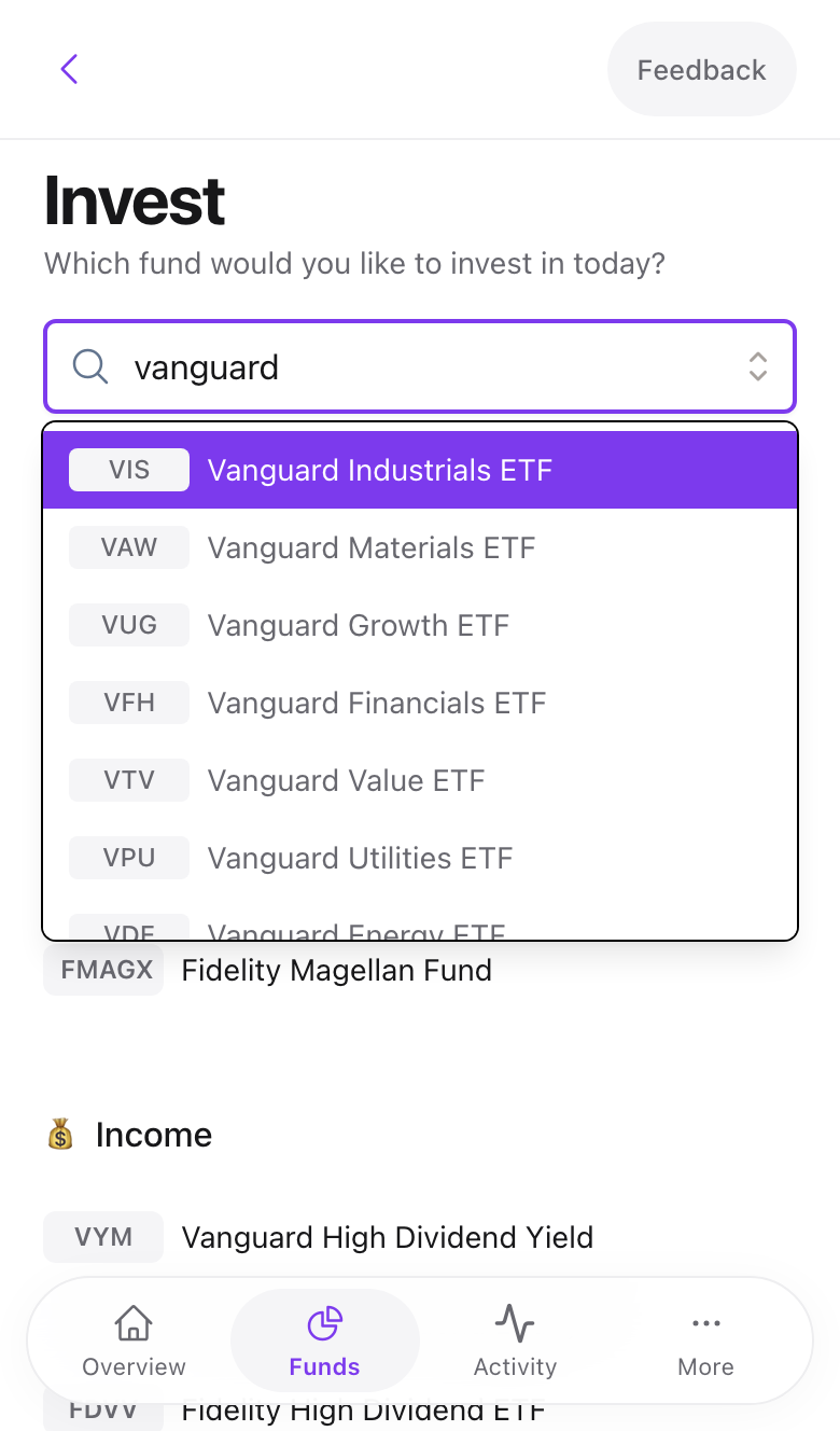 The fund search open with results