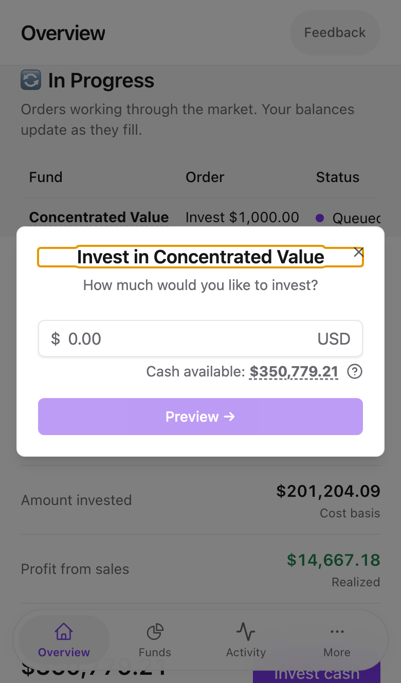 The Invest cash dropdown listing funds