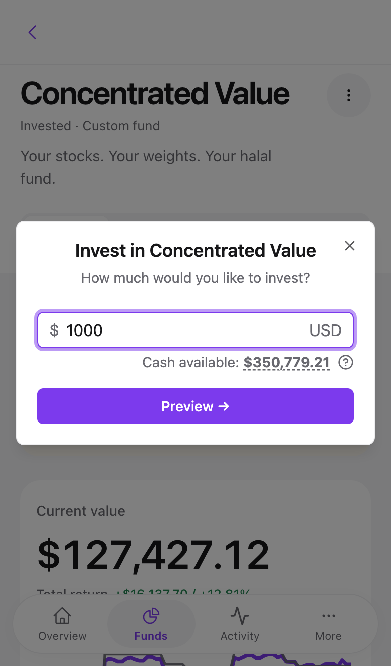 Step one of the invest dialog with the amount field