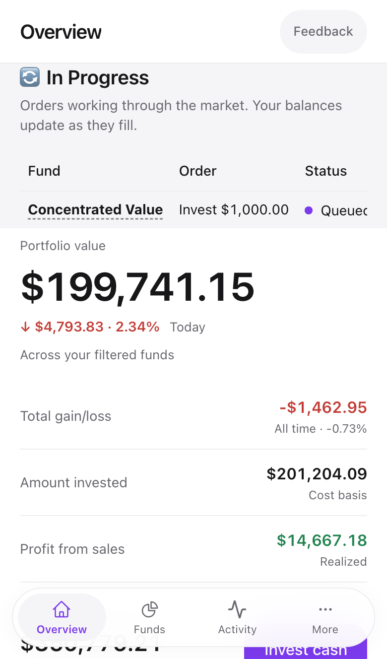 Amal Invest on a phone, showing the bottom navigation with Overview, Funds, Activity and More
