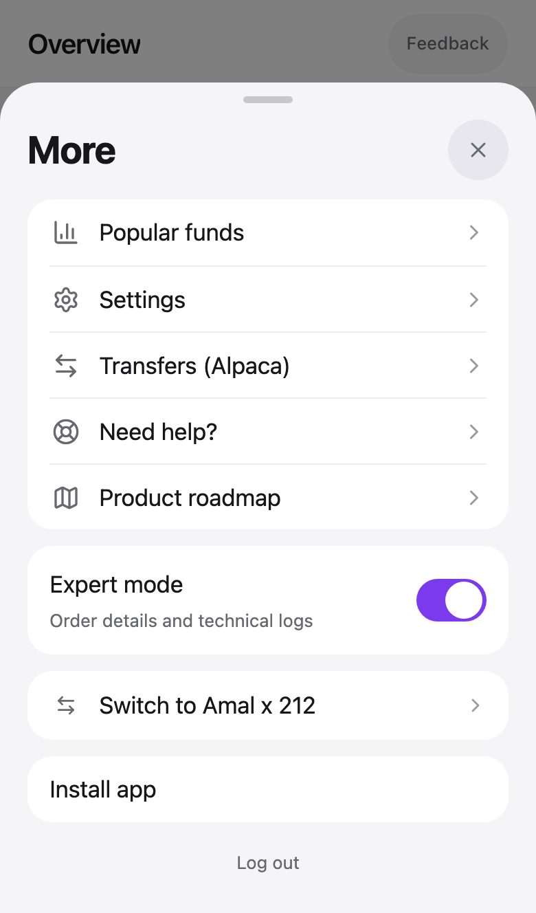 The More sheet with Install app, Expert mode and Switch to Amal x 212
