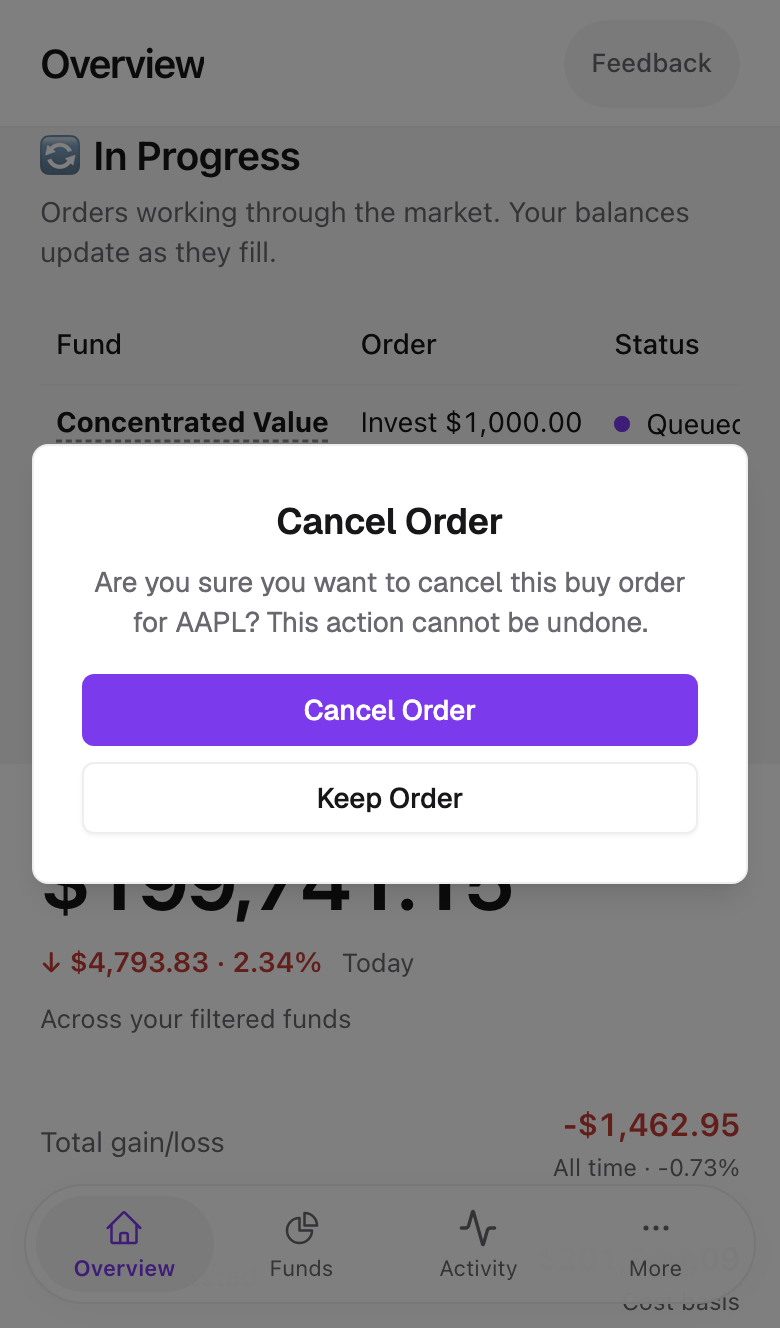 A pending stock order card with the Cancel Order dialog open