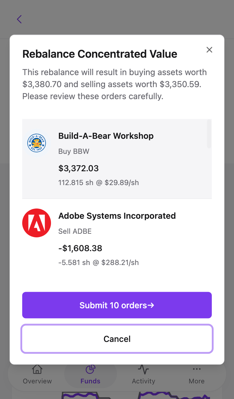 The Rebalance to place trades confirmation
