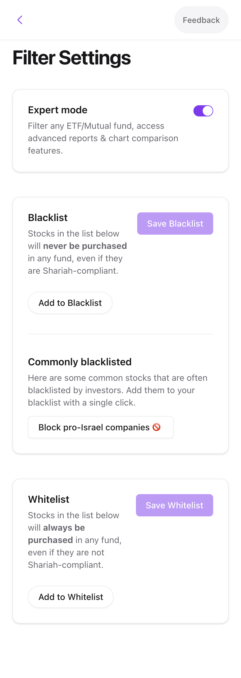 The Filter Settings page with Expert mode, Blacklist and Whitelist cards