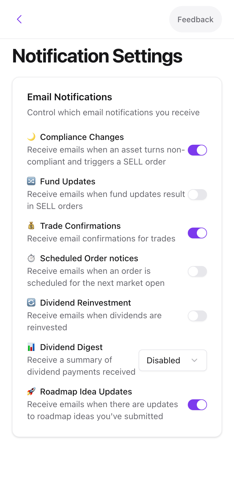 The Email Notifications settings with all seven rows