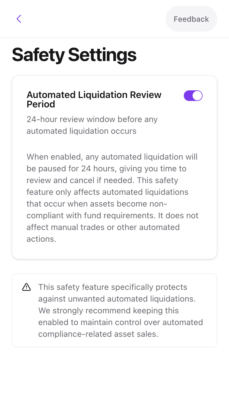 The Safety Settings page with the review period switch on
