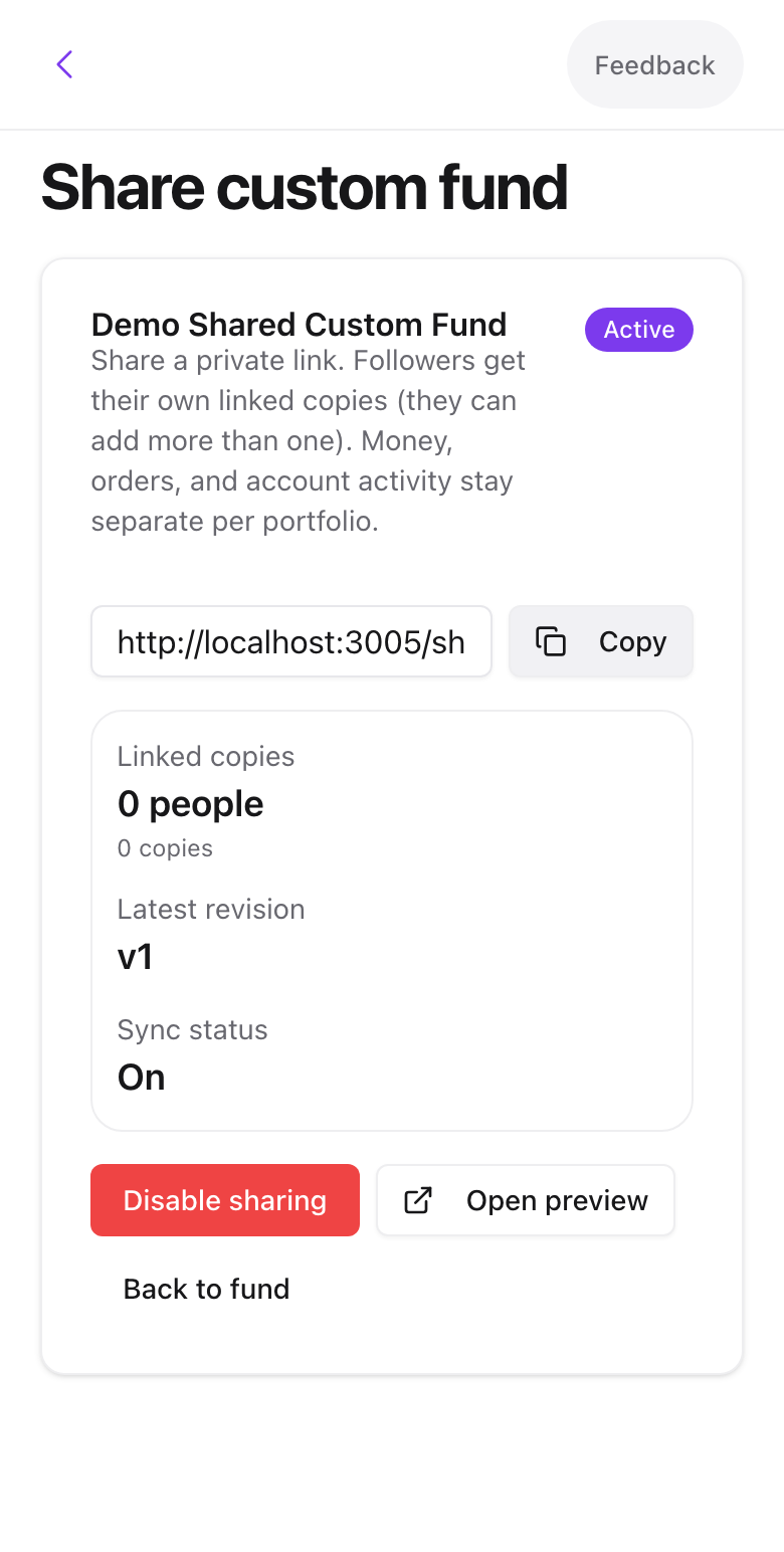 The Share custom fund page with the link and sync status