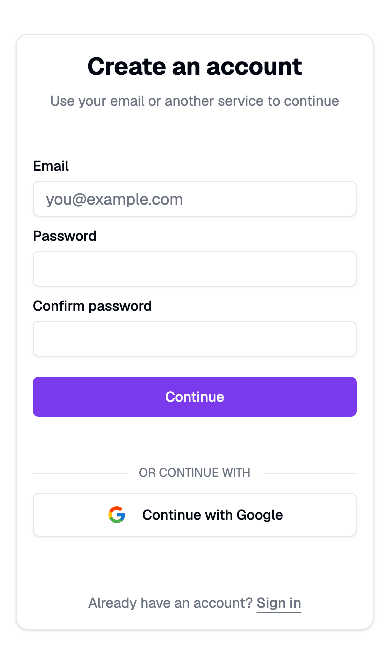 The Create an account card with email, password and Continue with Google