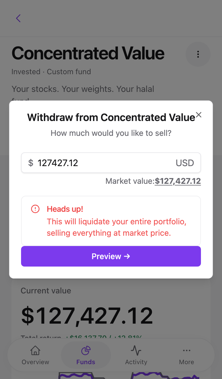 The withdraw dialog with the Heads up liquidation notice